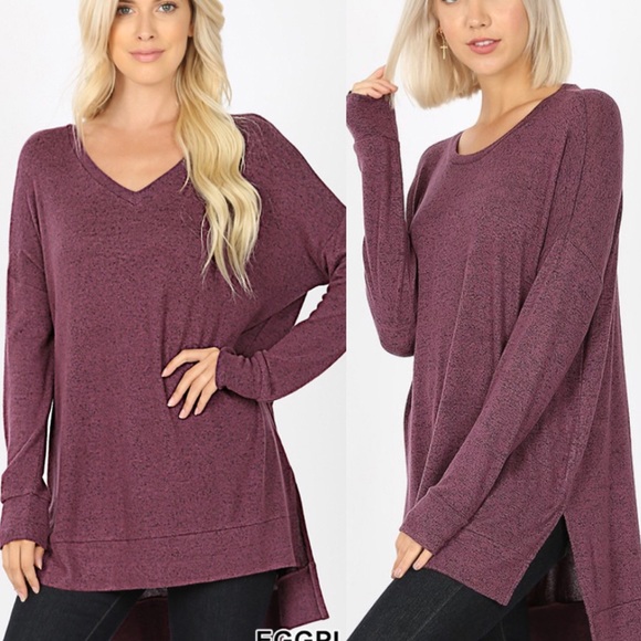 Zenana Outfitters Tops - Brushed Melange Soft V-Neck High Low Sweater!